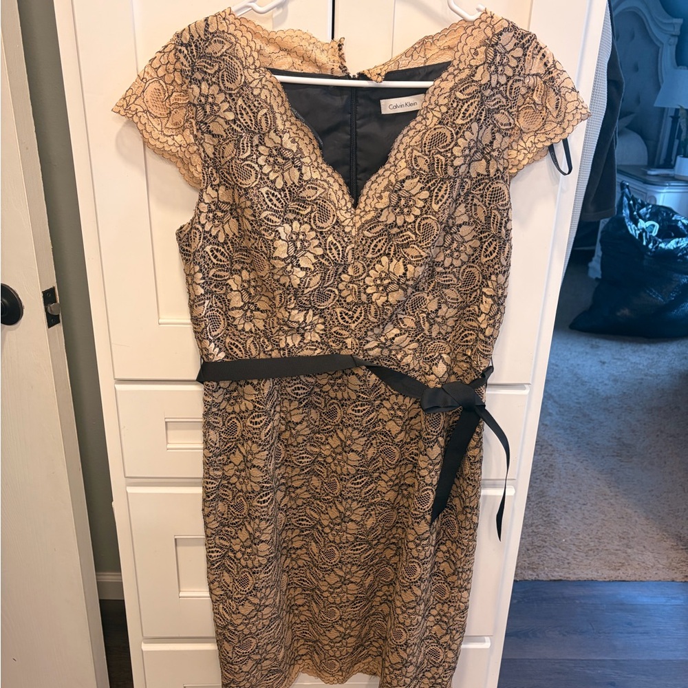 Calvin Klein Tan Lace Midi Dress with Black Ribbon Detail